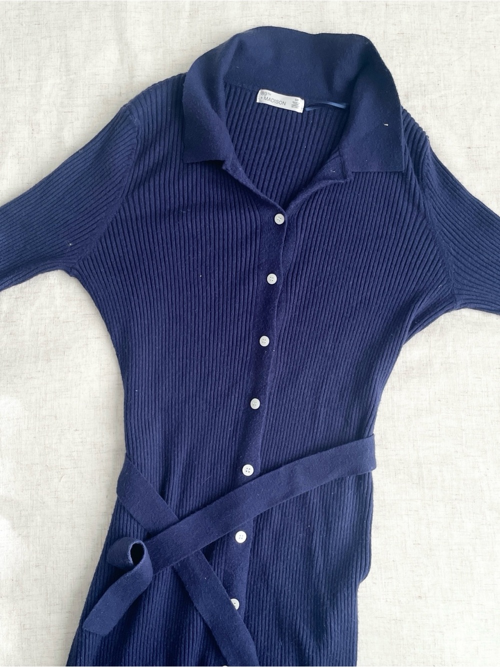 89th madison Navy Long Sleeve Button-Front Knit Dress